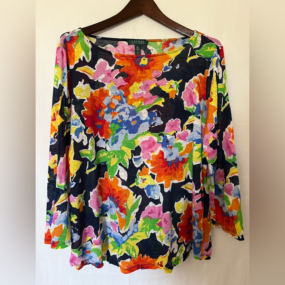 Preowned- Lauren Ralph Lauren Women’s 100% Linen Colorful Floral Print Top - XL